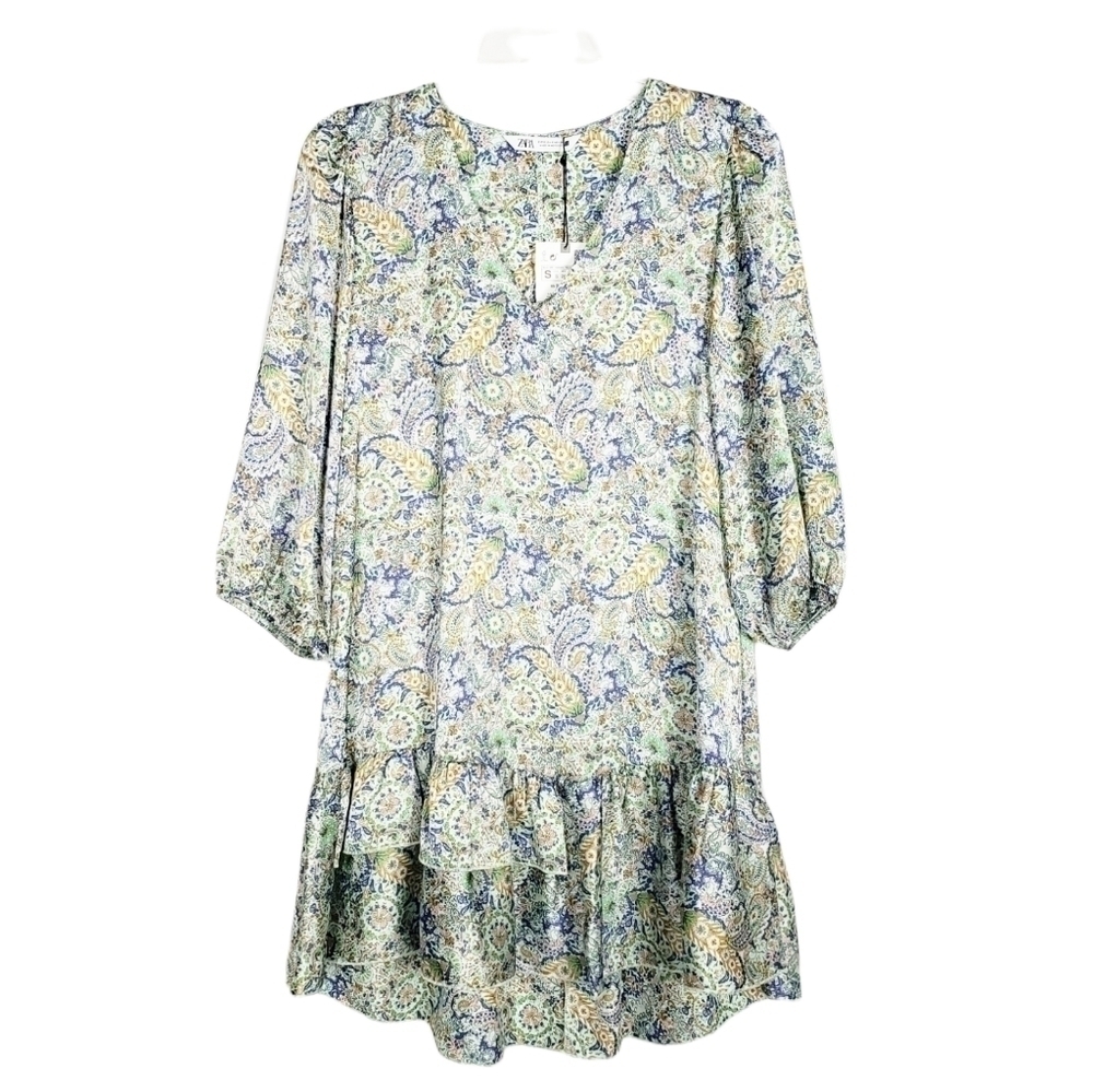 ZARA paisley printed satin effect dress ruffle NWT